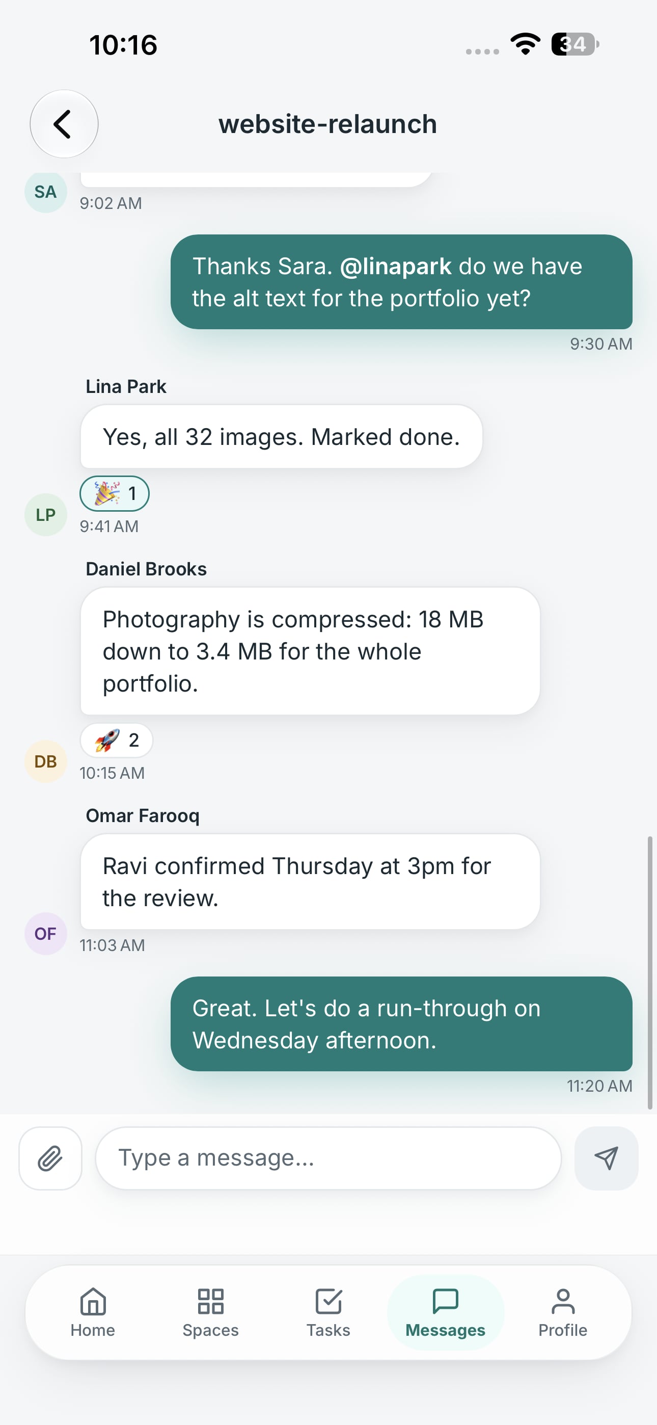 A conversation with a thread in the Crewdesk mobile app