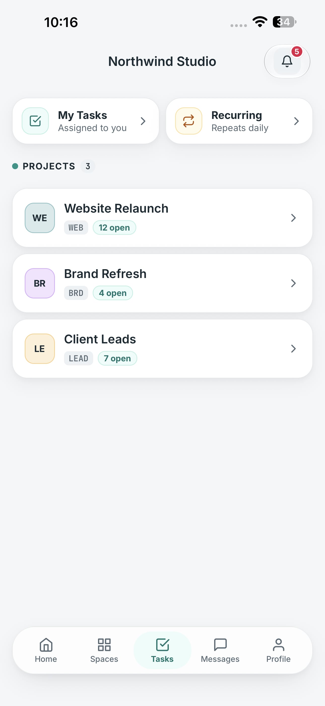 The Tasks tab of the Crewdesk mobile app
