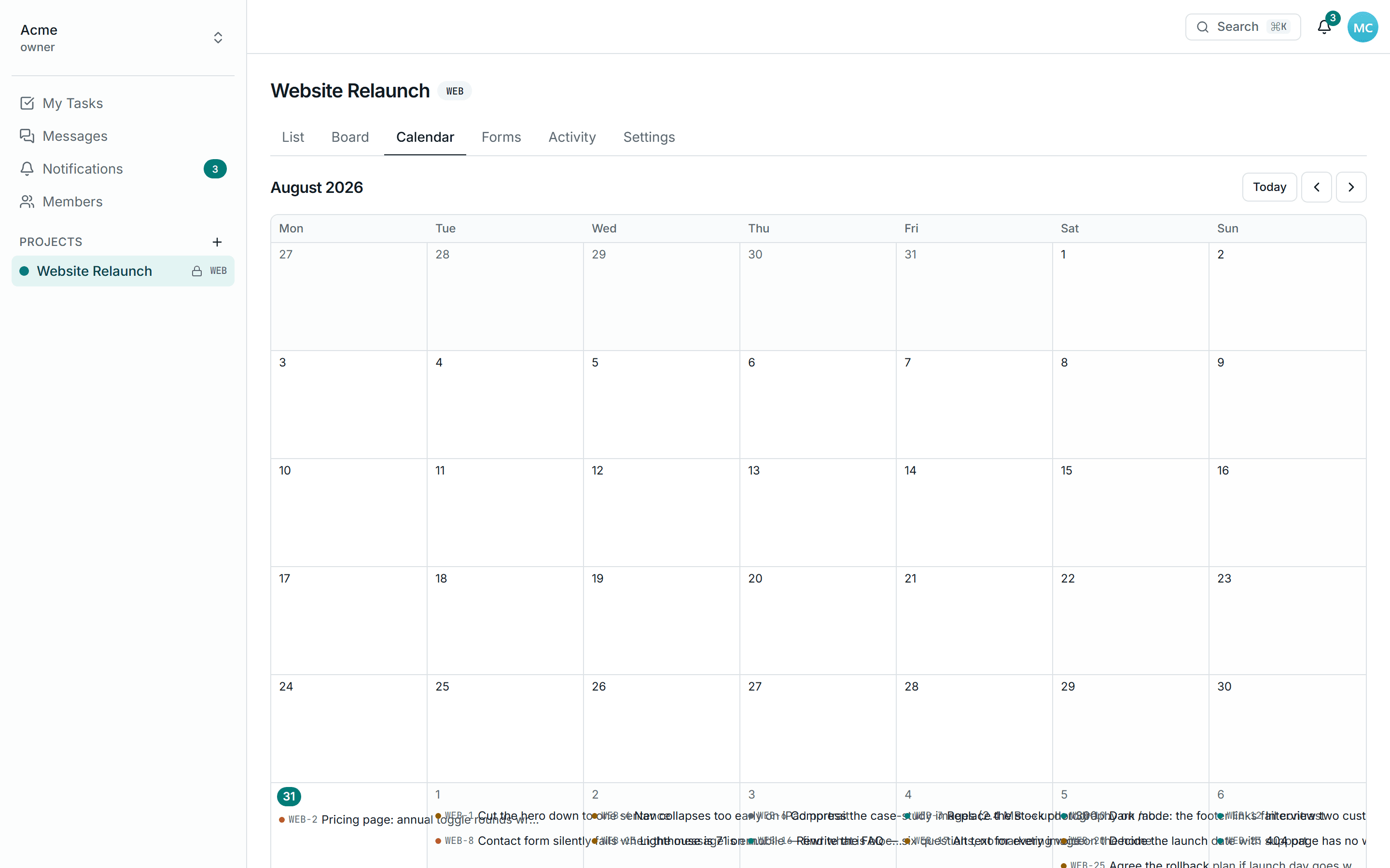 A month calendar with tasks placed on their due dates