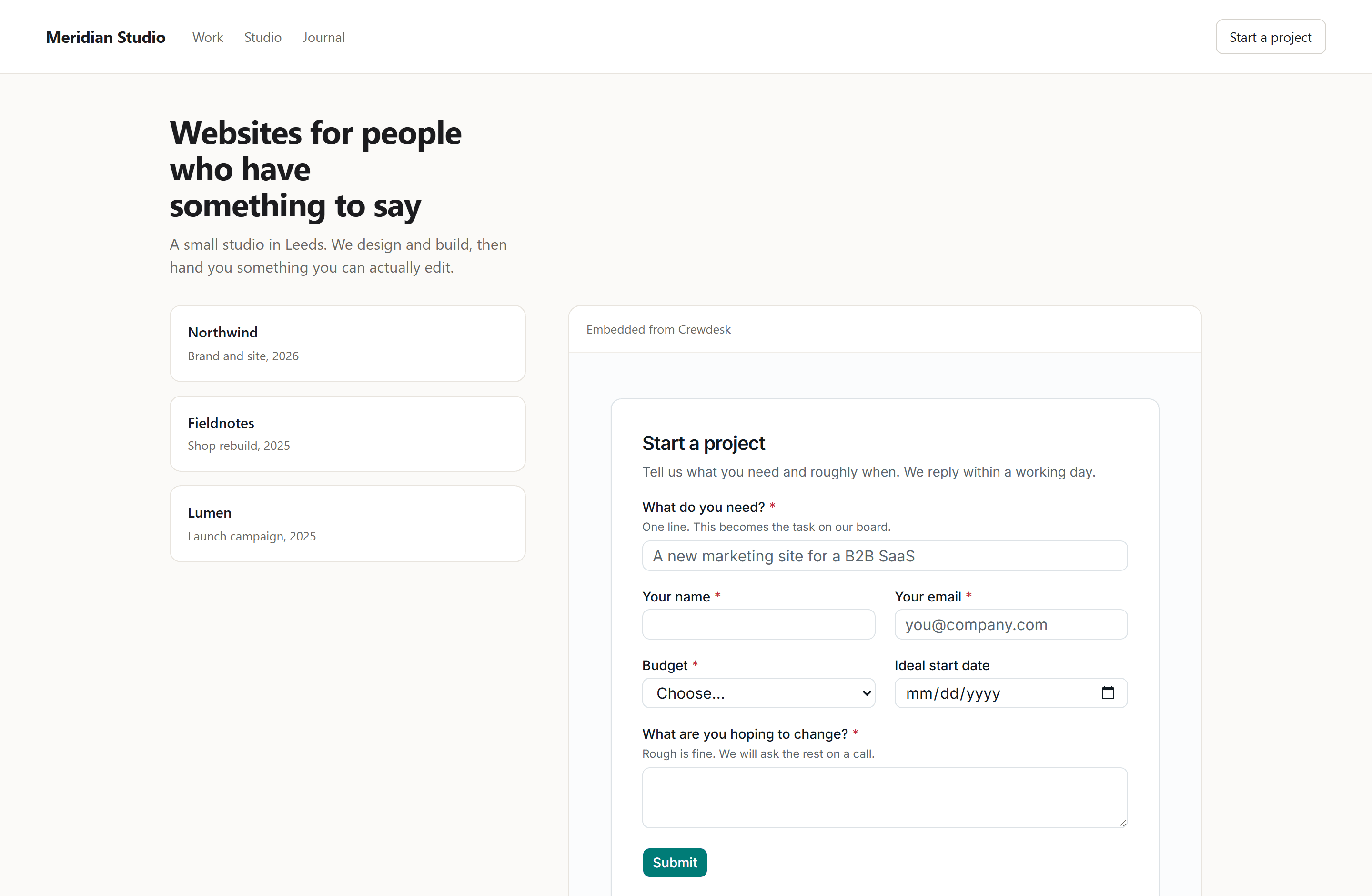 A design studio's website with a Crewdesk form embedded in the right-hand column, asking what you need, your name, email, budget and start date