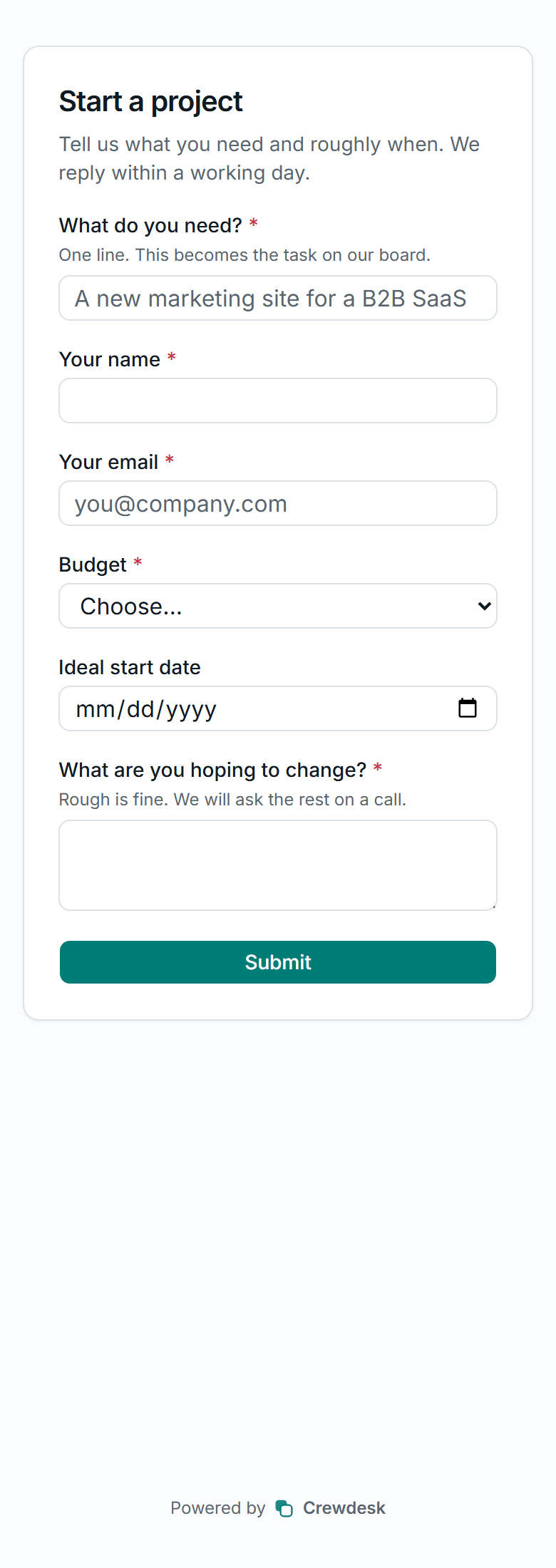 The same public form on a phone, with every field stacked into one column