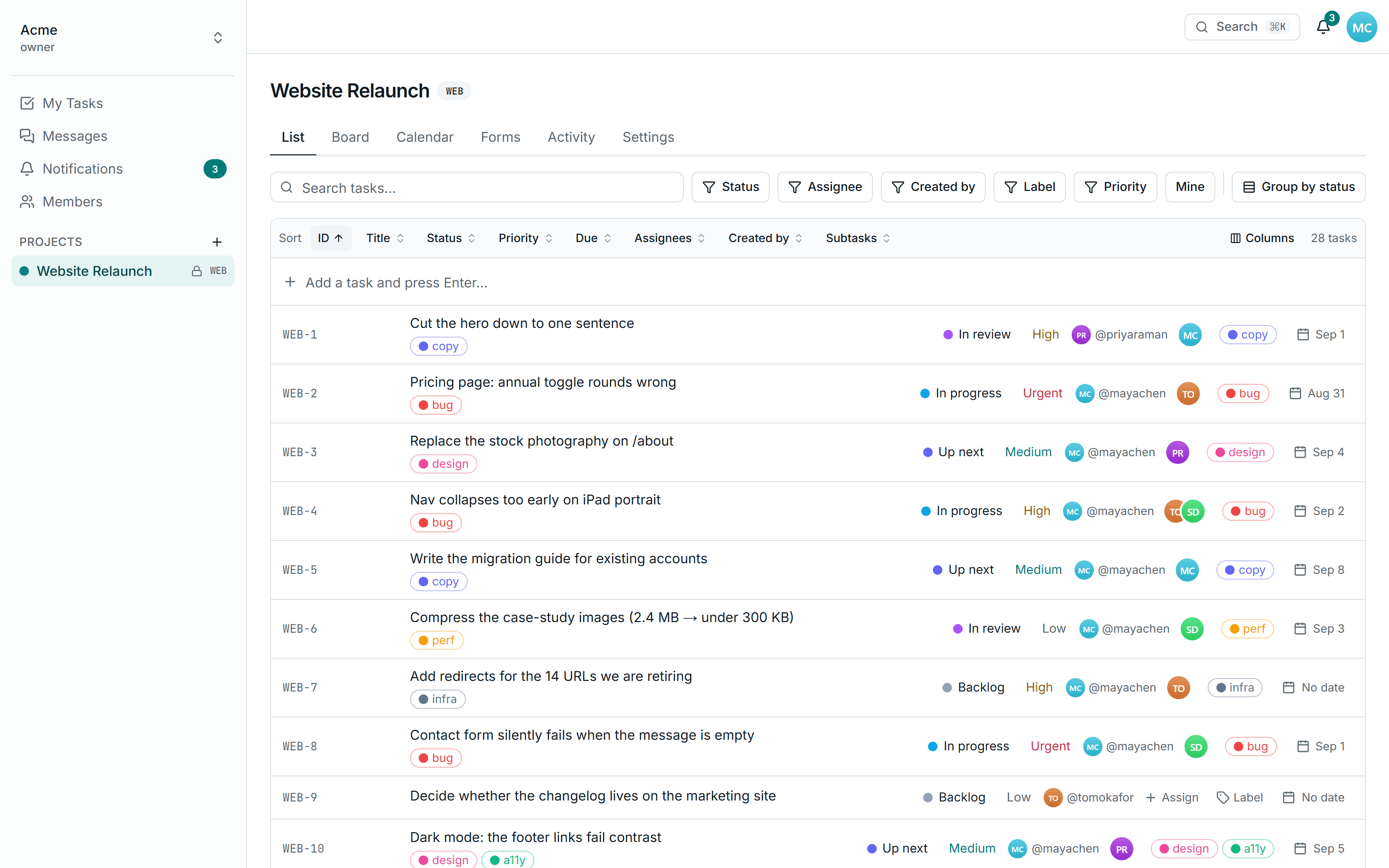 The Crewdesk list view for a Website Relaunch project, with status, priority, assignee and due date columns