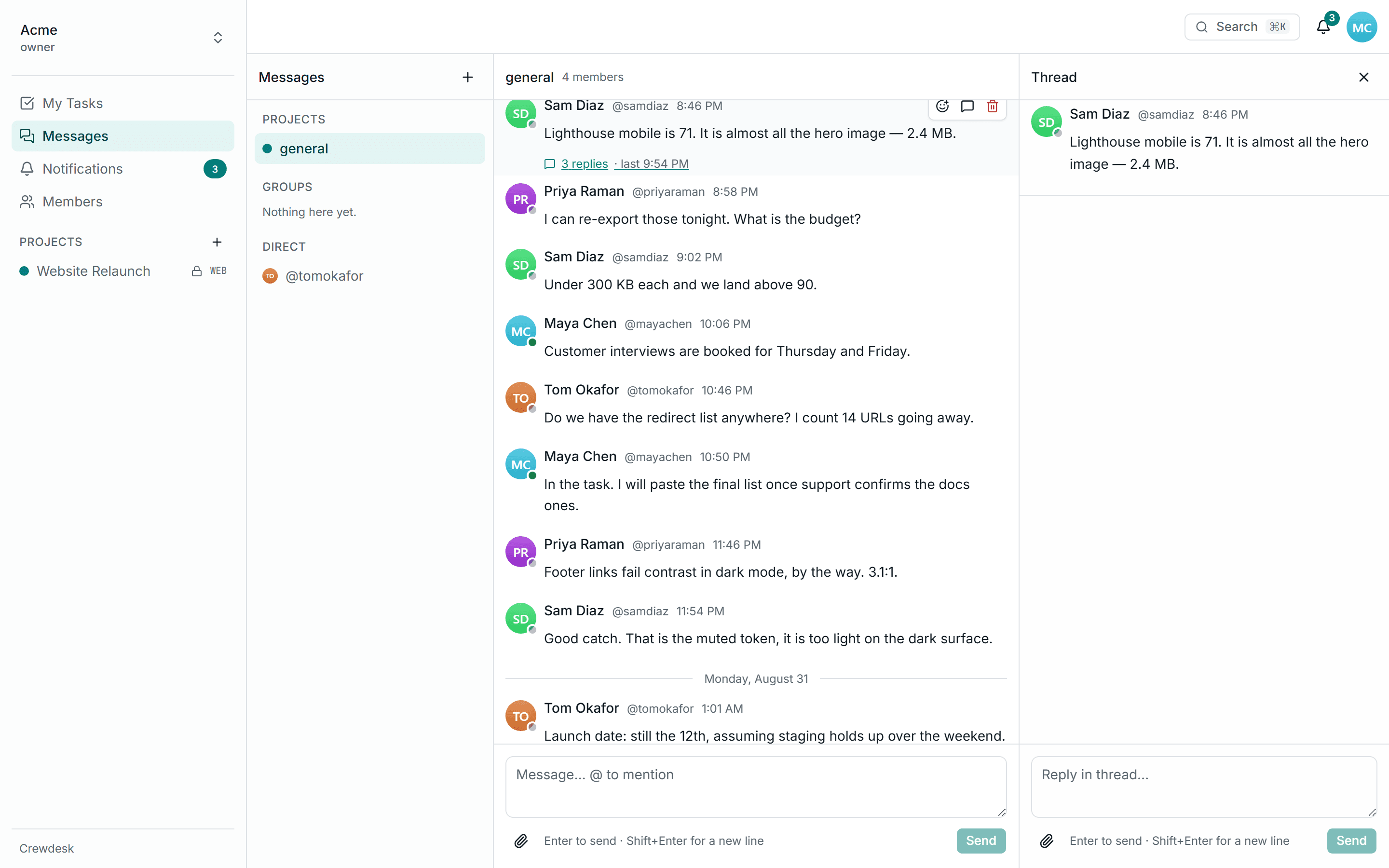The Crewdesk messaging screen: a channel list, a conversation and an open thread pane