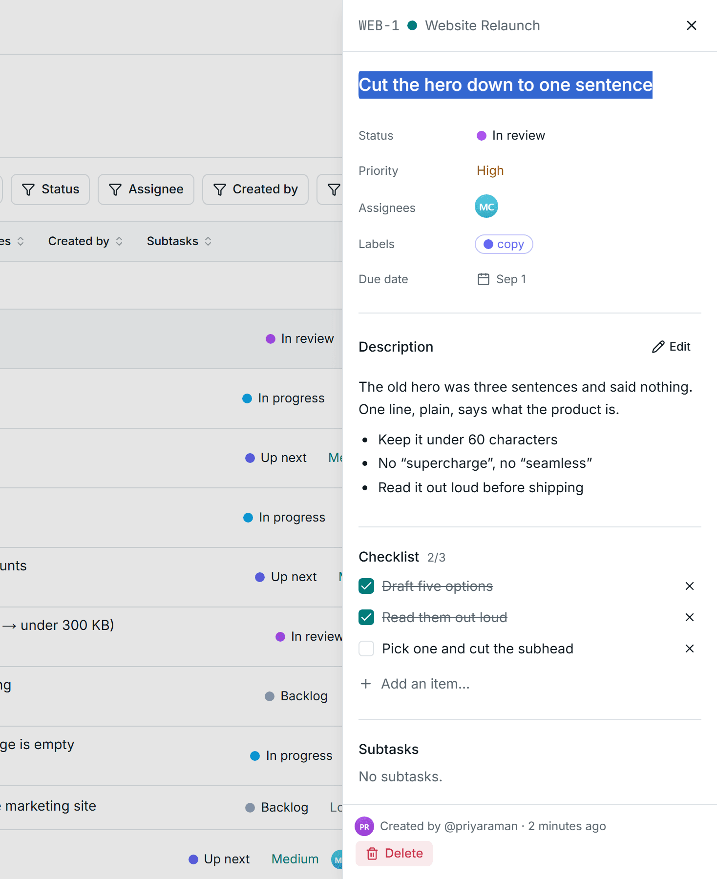 A task open in the detail sheet, showing status, priority, assignees, labels, a due date, a description and a checklist